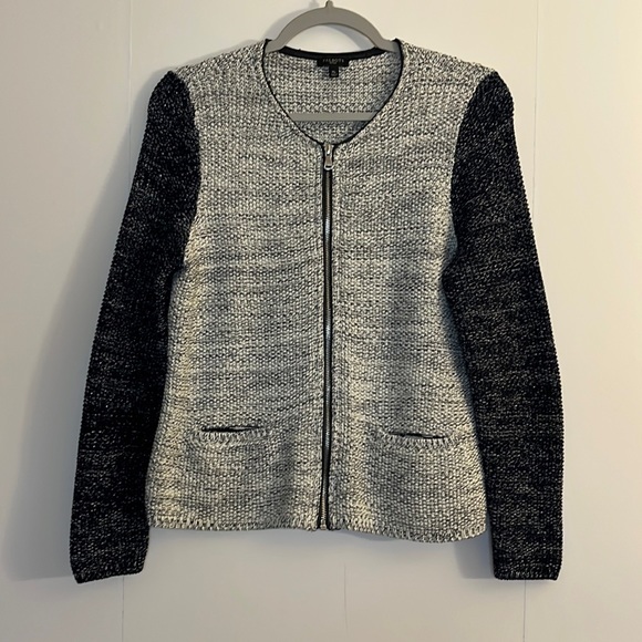 Talbots Sweaters - Talbots Knit Sweater Cardigan Jacket Size MP White Black w/ Silver Metallic